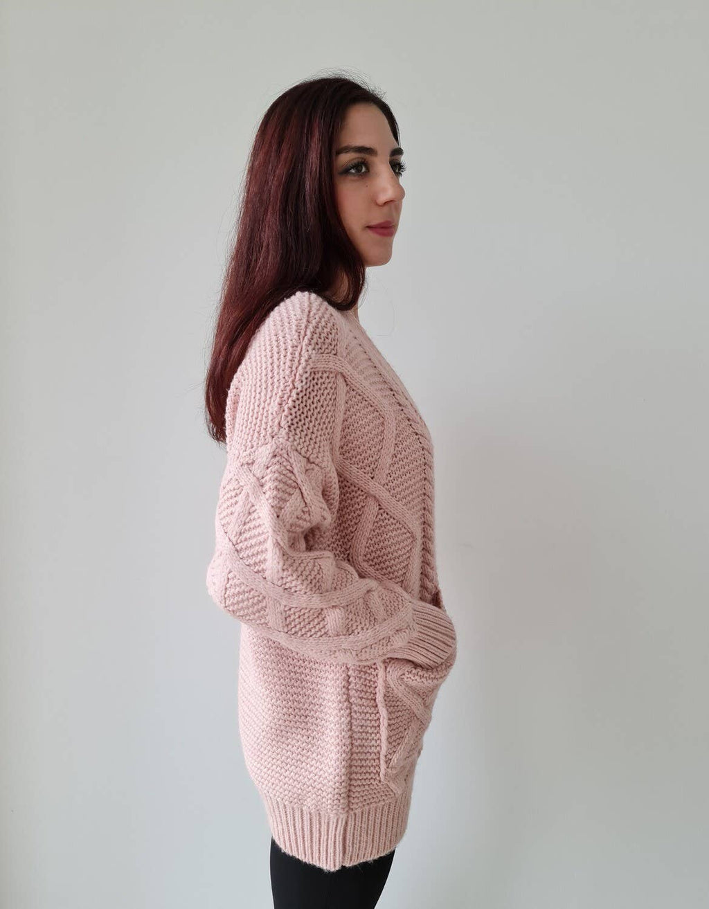 Simona kabelgebreid vest met zakken  roze