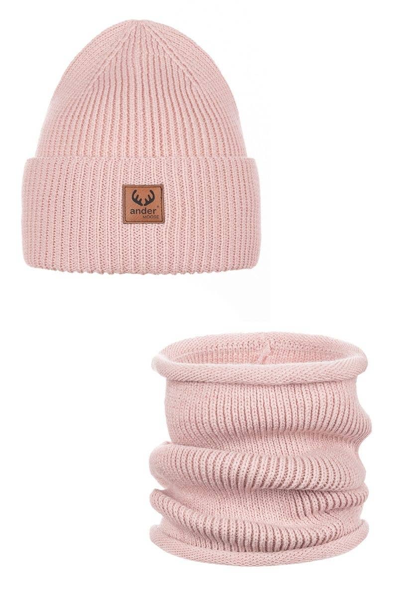 Brigid muts en col van merinowol roze