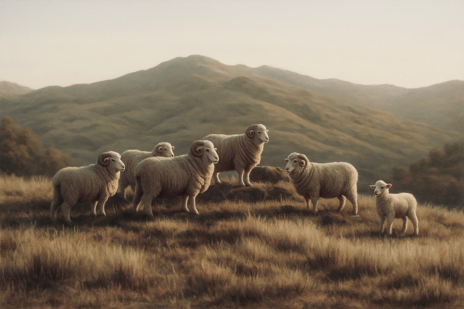 Geïllustreerd landschap met bergen en zes merino schapen