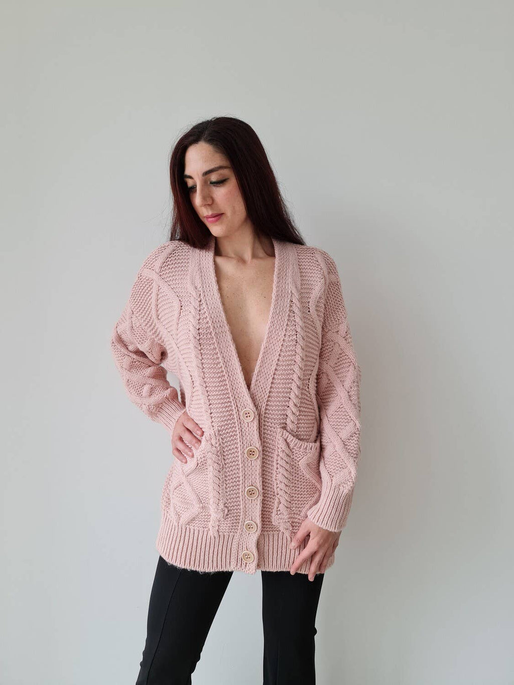 Simona kabelgebreid vest met zakken  roze